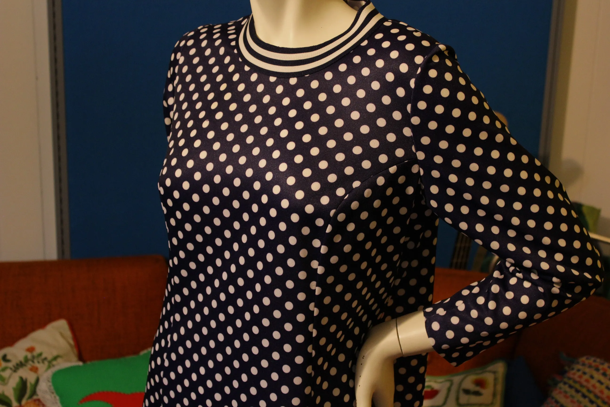 1960's Puritan Forever Young Blue White Polka Dot Dress. Mod Half Zip.