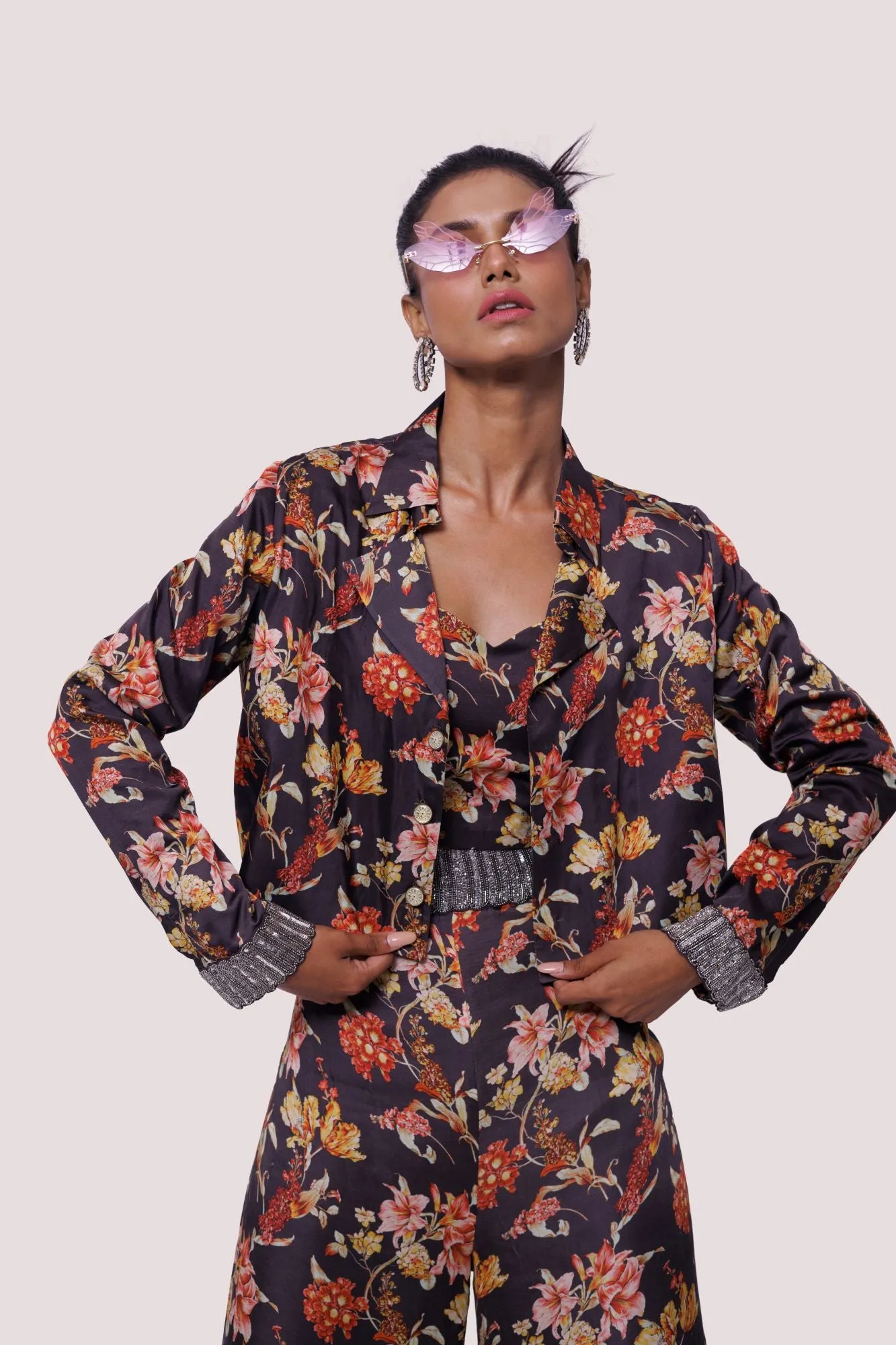 50Z982-RO Brown Multicolor Floral Satin Pant Suit with Jacket