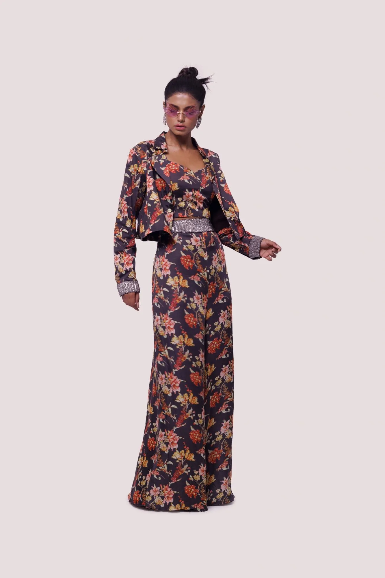 50Z982-RO Brown Multicolor Floral Satin Pant Suit with Jacket