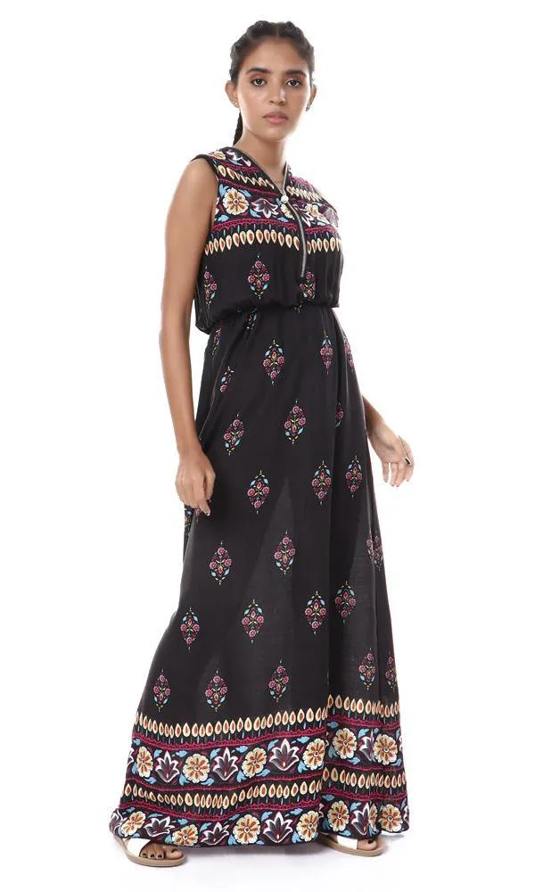 57625 Casual Patterned Sleeveless Black Maxi Dress