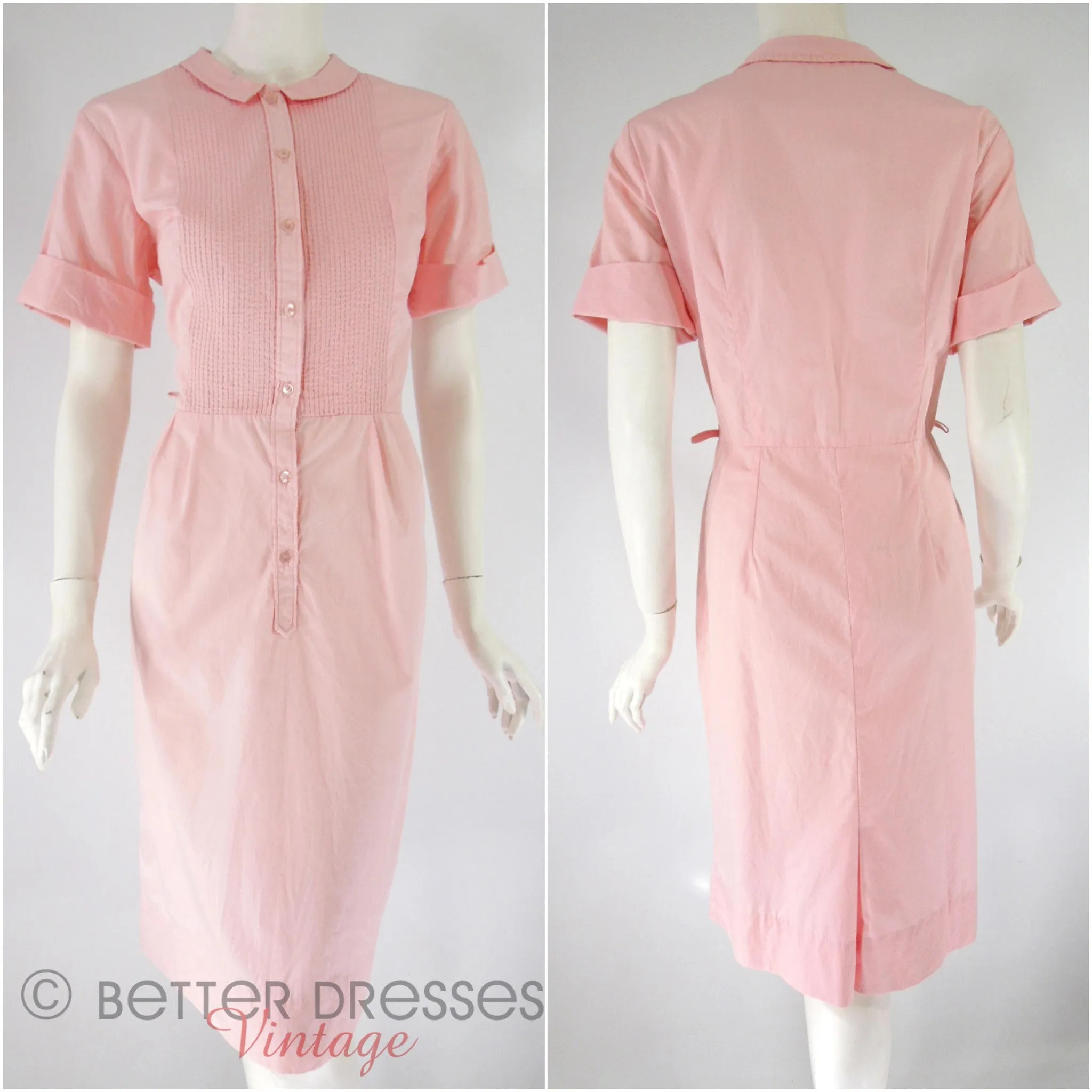 60s Shirtwaist Dress in Pink Cotton - med, lg