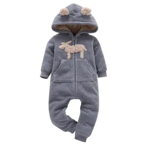 Baby Boy Little Moose Fleece Hoodie Romper with Ears