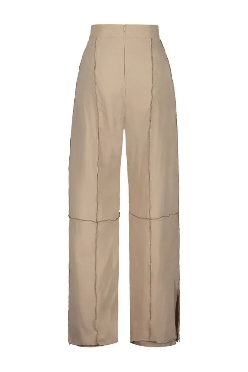 BEIGE TERY HIGH RISE STRAIGHT PANTS