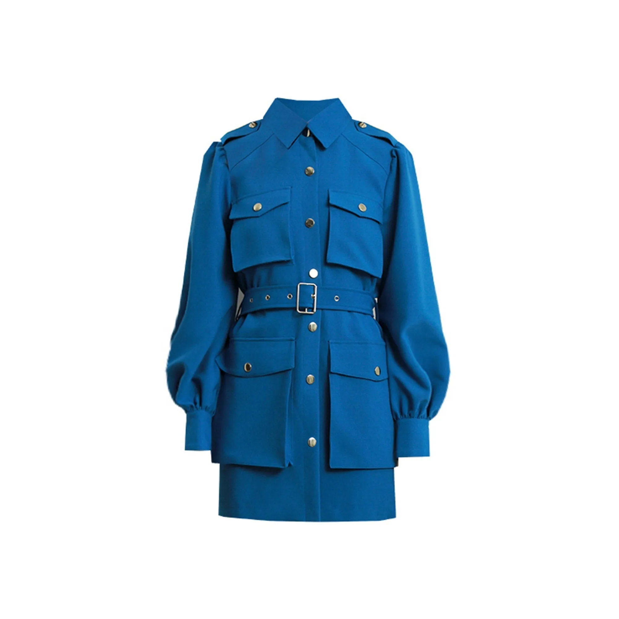 Blue Epaulet Belted Pocket Puff Sleeve Jacket