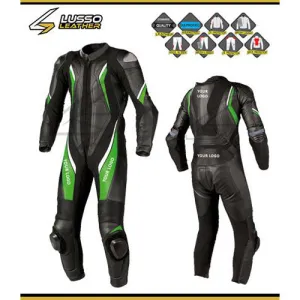 Bogdan's black motorcycle leather suit with green and white stripes