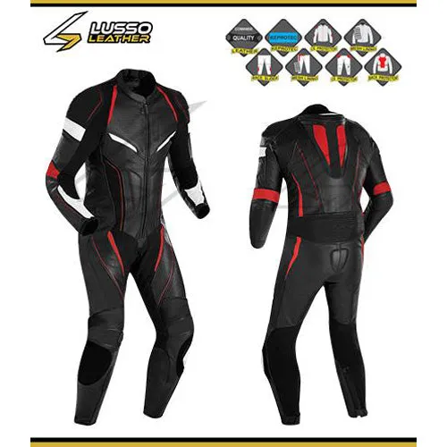 Britton's black motorcycle leather suit with red stripes