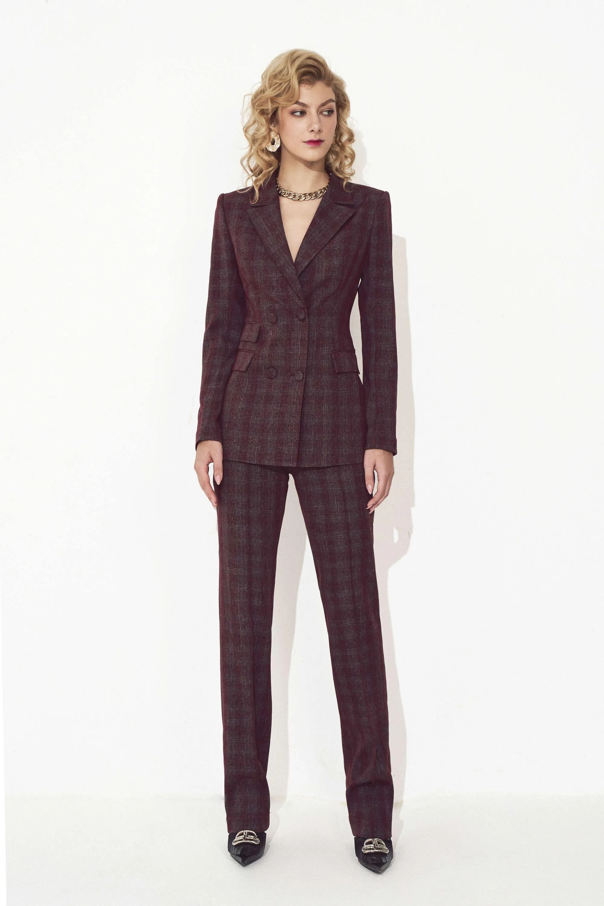 Burgundy Checked Slim Suit Jacket