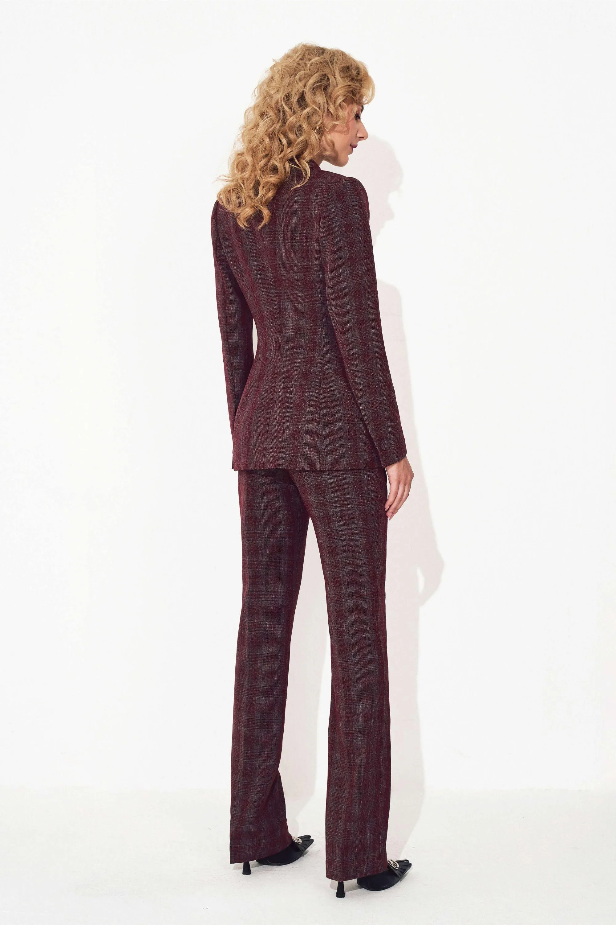 Burgundy Checked Slim Suit Jacket