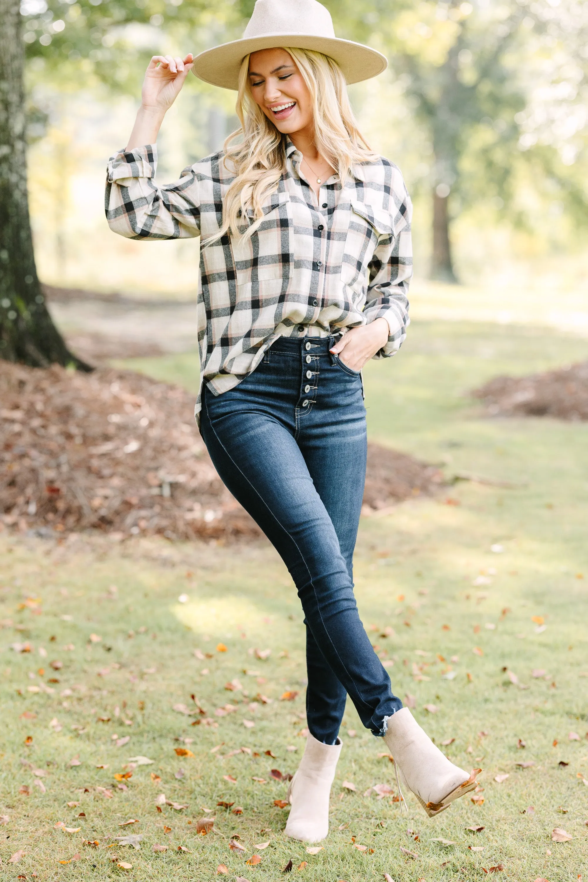 Check It Out Tan Brown Plaid Blouse