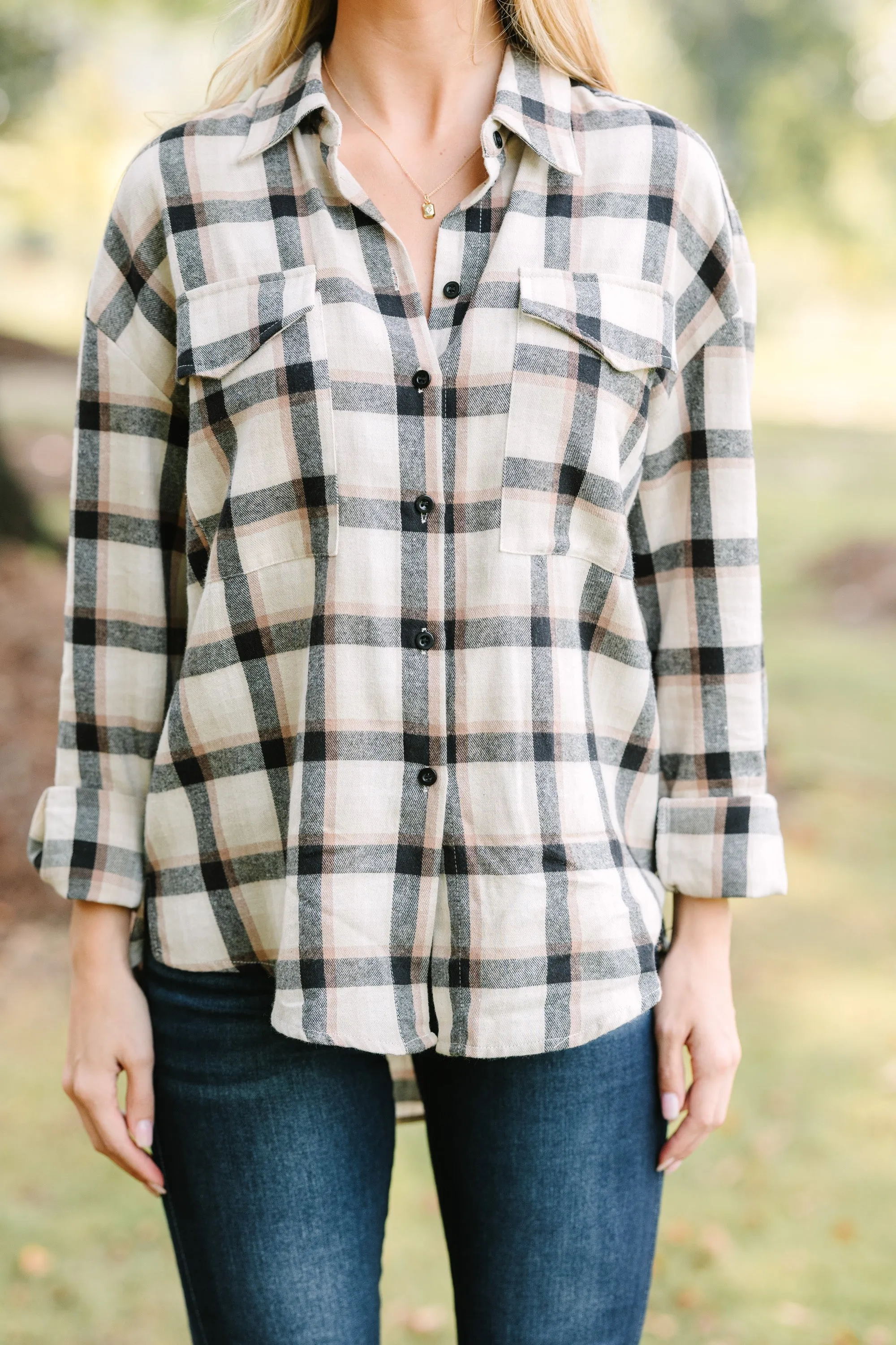 Check It Out Tan Brown Plaid Blouse