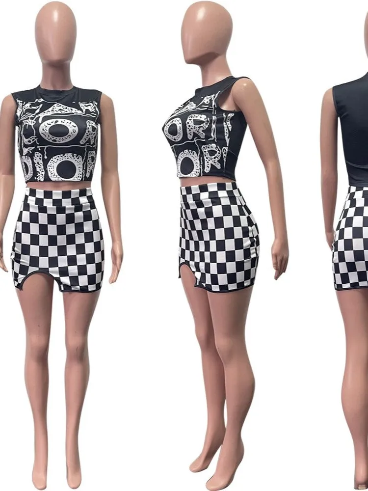 Checkerboard Print Crop Tank Top Bodycon Skirt Set