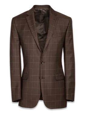 Classic Fit Essential Wool Notch Lapel Suit Jacket - Brown Windowpane