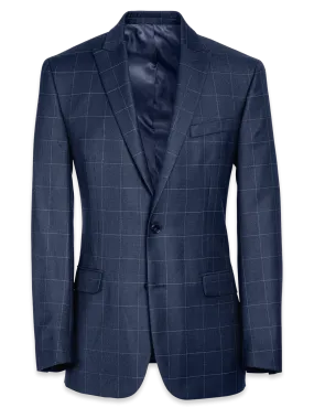 Classic Fit Essential Wool Peak Lapel Side Vents Suit Jacket - Navy Windowpane