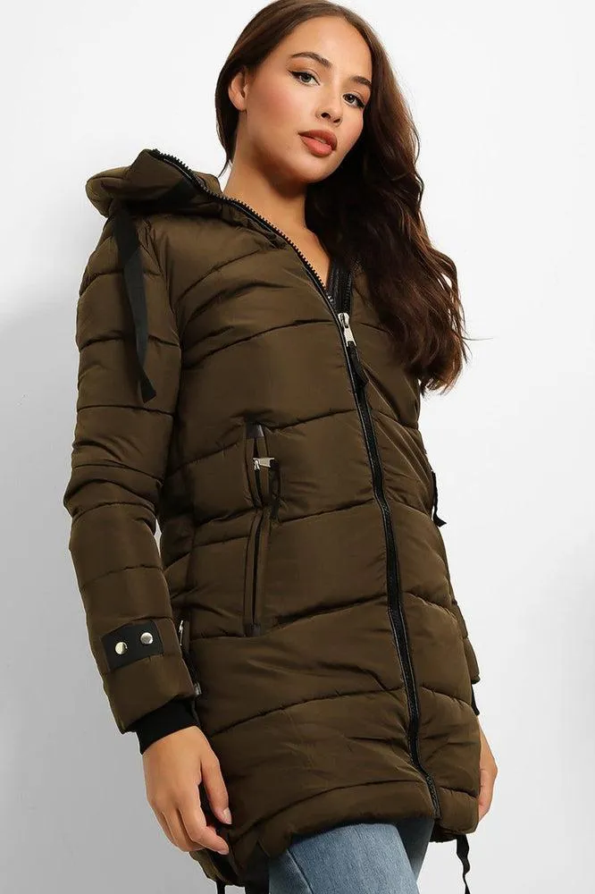 Contrast Black Details Hooded Midi Puffer Jacket