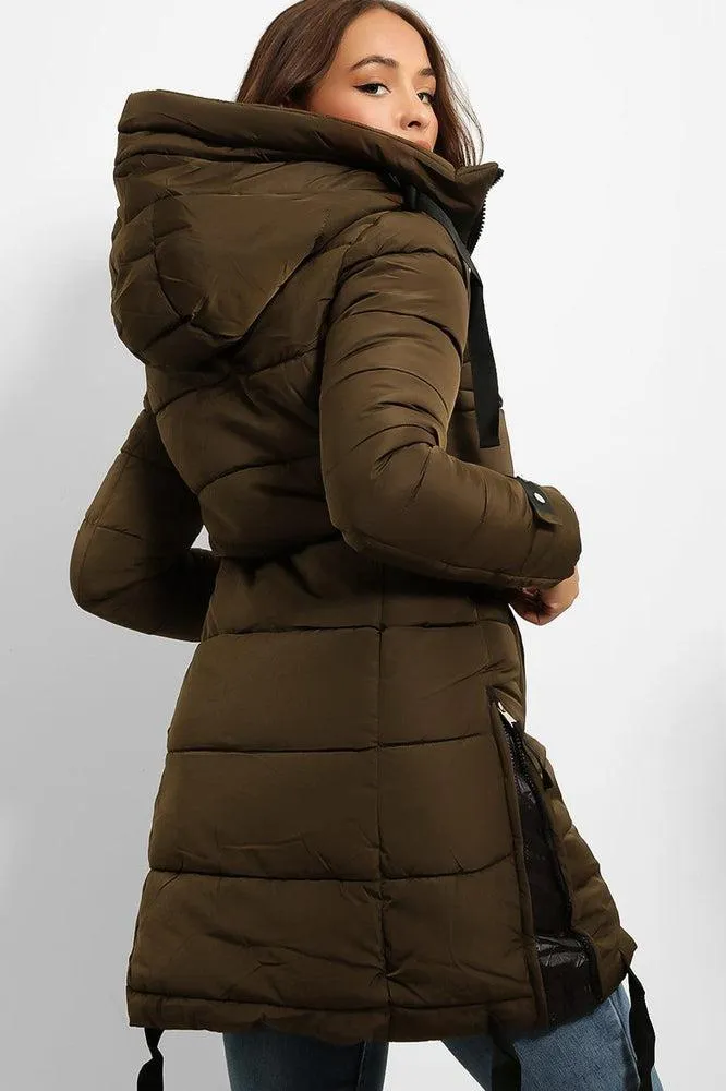 Contrast Black Details Hooded Midi Puffer Jacket