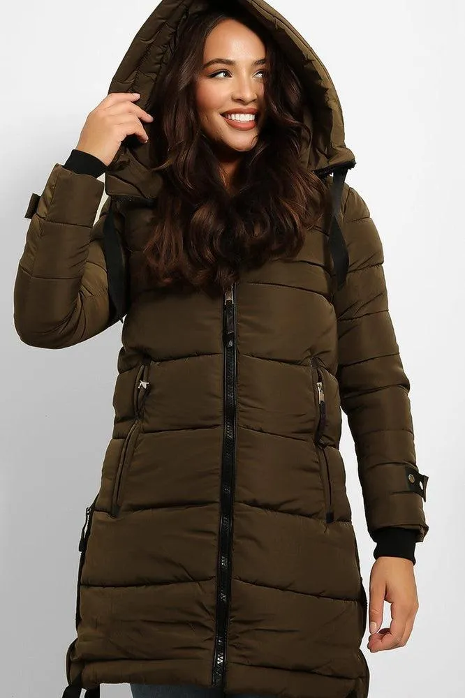 Contrast Black Details Hooded Midi Puffer Jacket