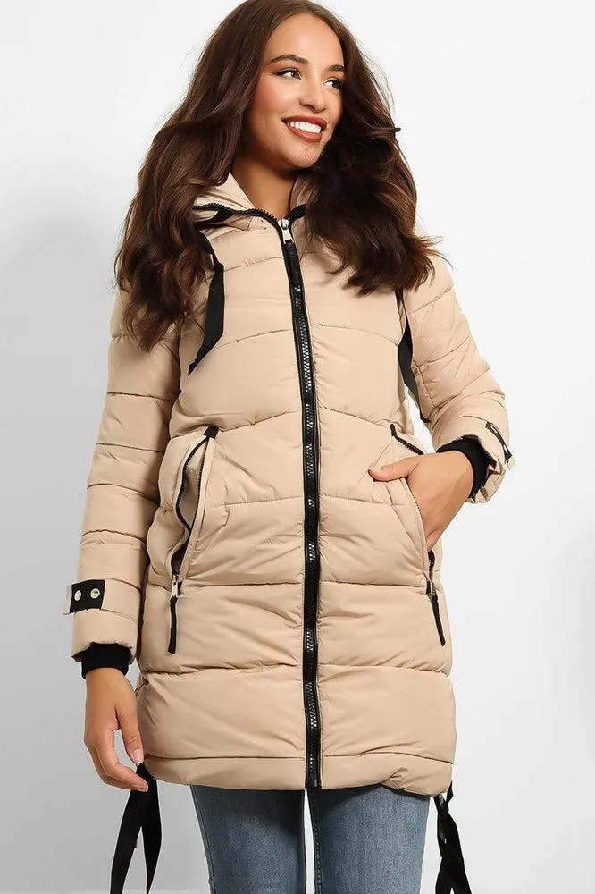 Contrast Black Details Hooded Midi Puffer Jacket