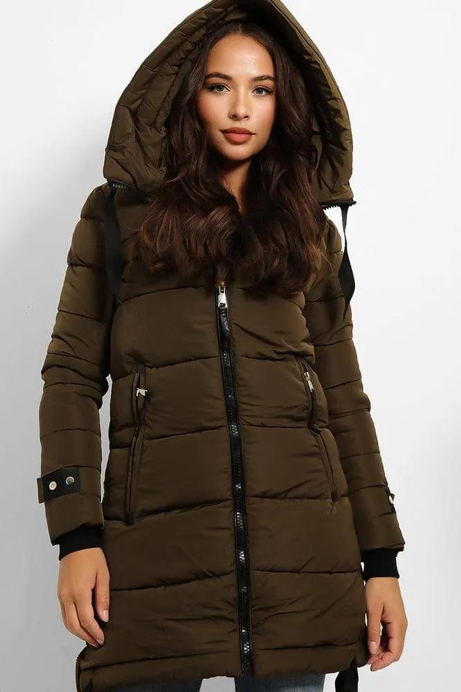 Contrast Black Details Hooded Midi Puffer Jacket