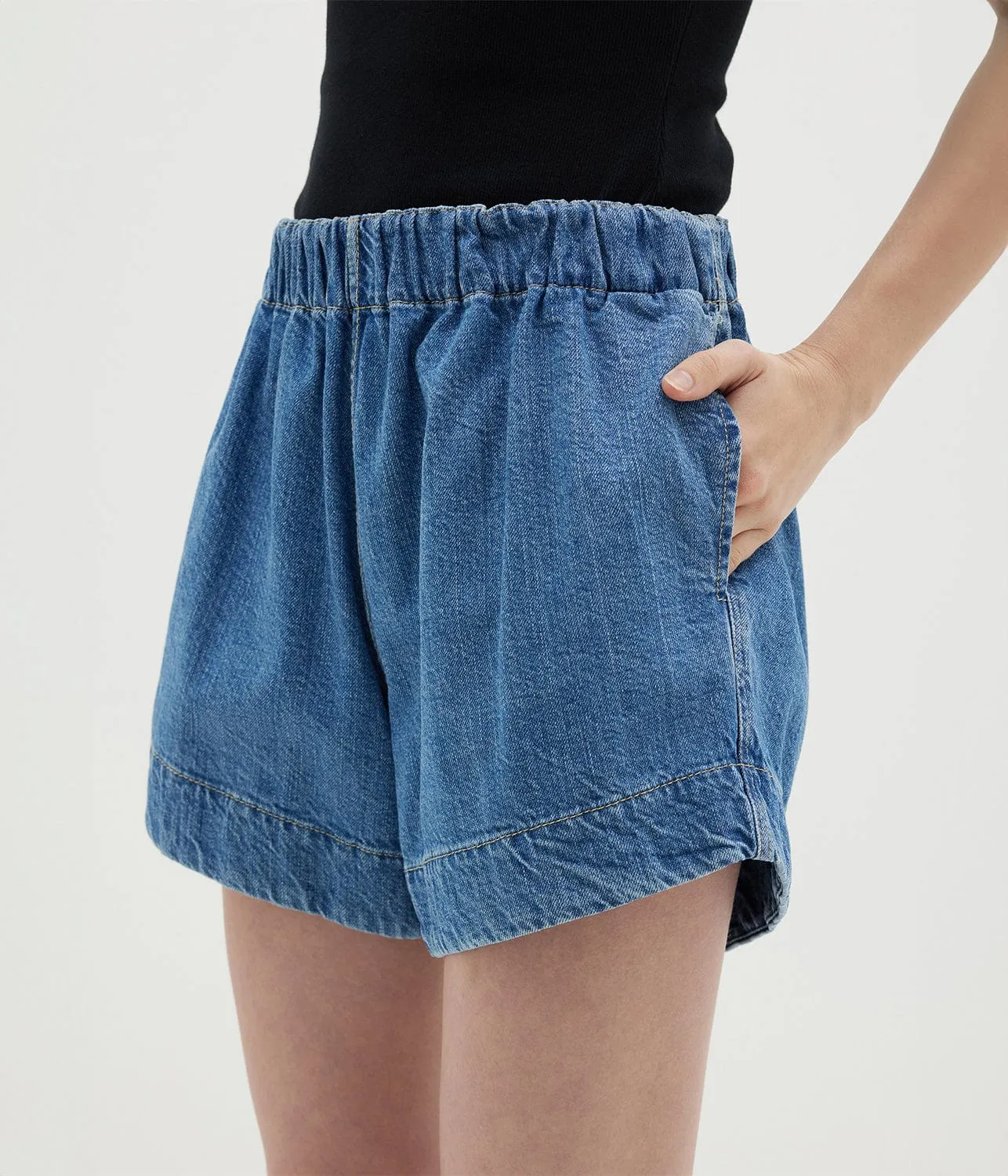 DENIM PULL ON MINI SHORT- LIGHT BLUE