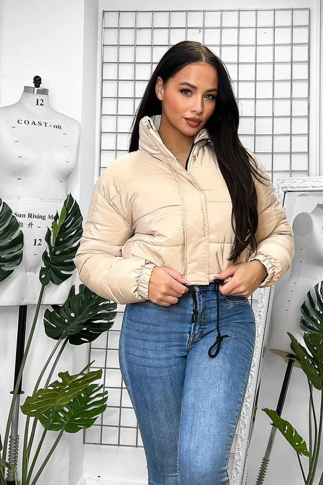 Drawstring Hem High Neck Cropped Puffer Jacket