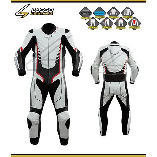 Duggan's white and black motorcycle leather suit