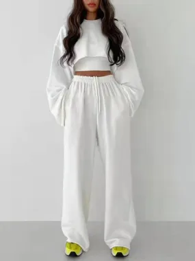 Fashion pullover long-sleeved navel sweater   suspender straight-leg wide-leg pants three-piece set