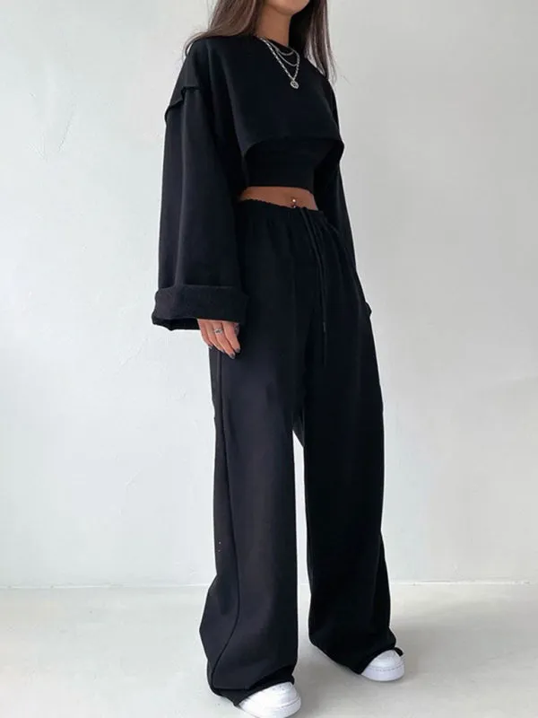 Fashion pullover long-sleeved navel sweater   suspender straight-leg wide-leg pants three-piece set