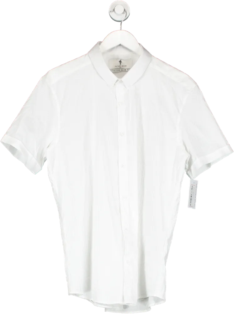 Father Sons White Super Slim Stretch Self Woven Stripe Short Sleeve With Button Down Collar UK XL