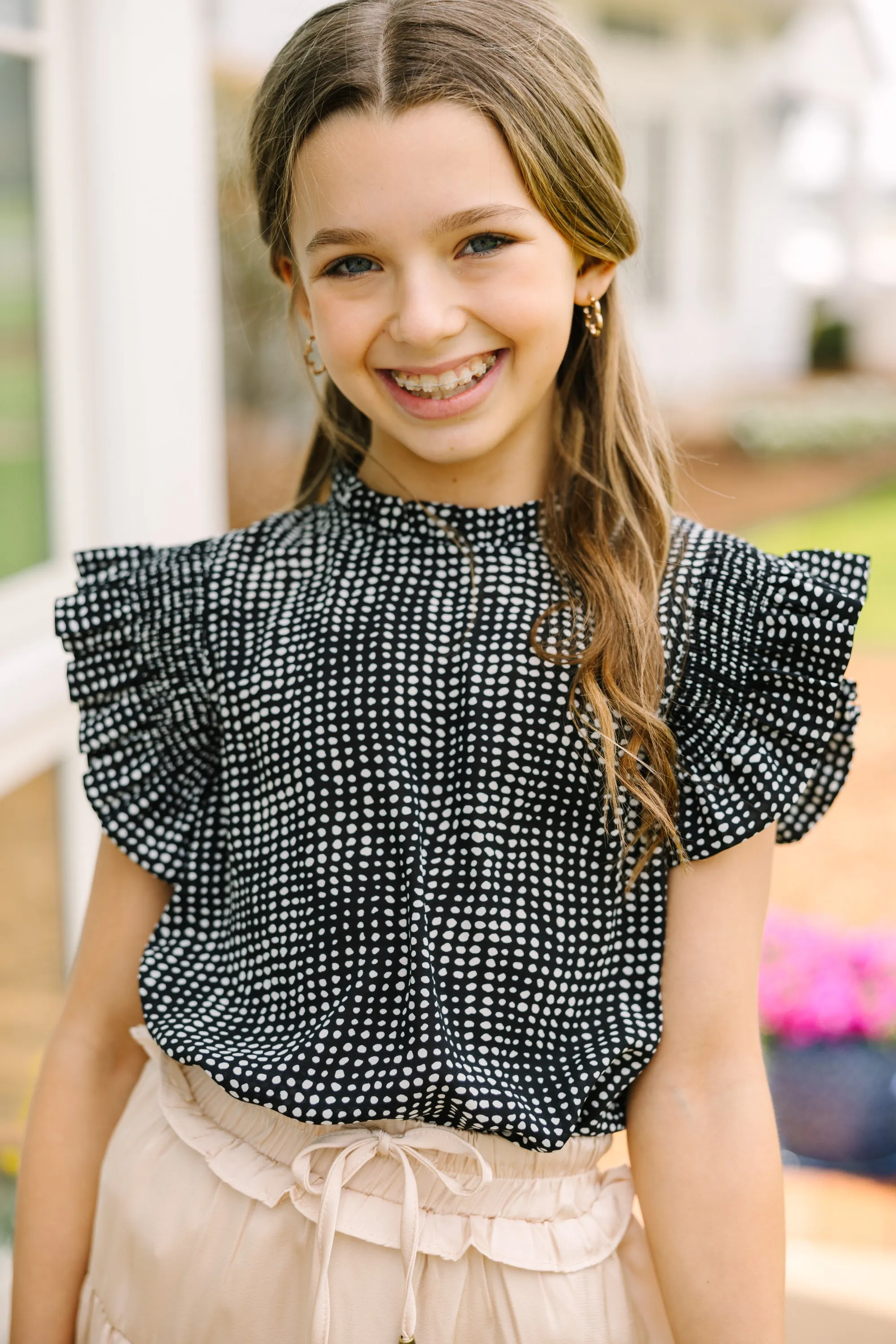 Girls: Make My Day Black Abstract Ruffled Top