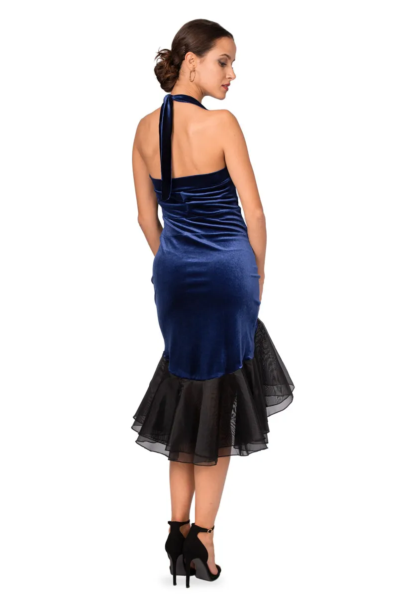 Halter-Neck Tie Velvet Dress With Black Organza Ruffles