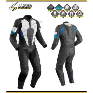 Hinton's black, white and blue motorcycle leather suit