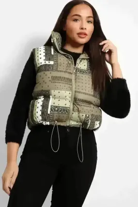 Khaki Paisley Print Cropped Puffer Gilet