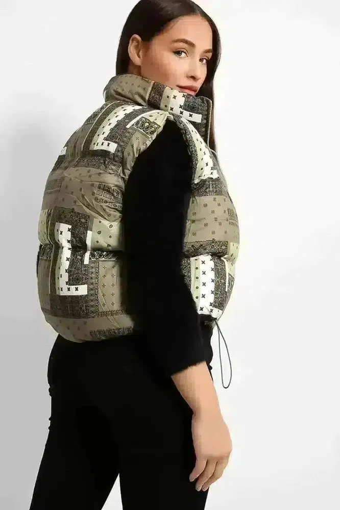 Khaki Paisley Print Cropped Puffer Gilet