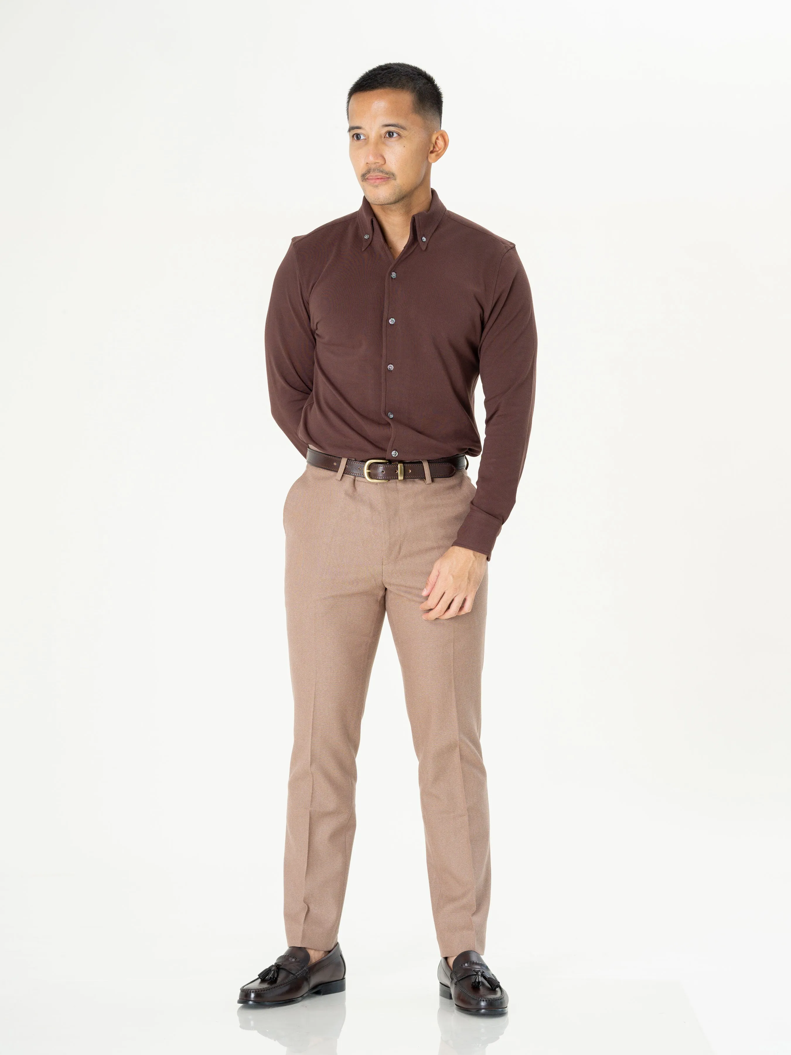 Long Sleeve Polo Shirt - Coffee Button Down