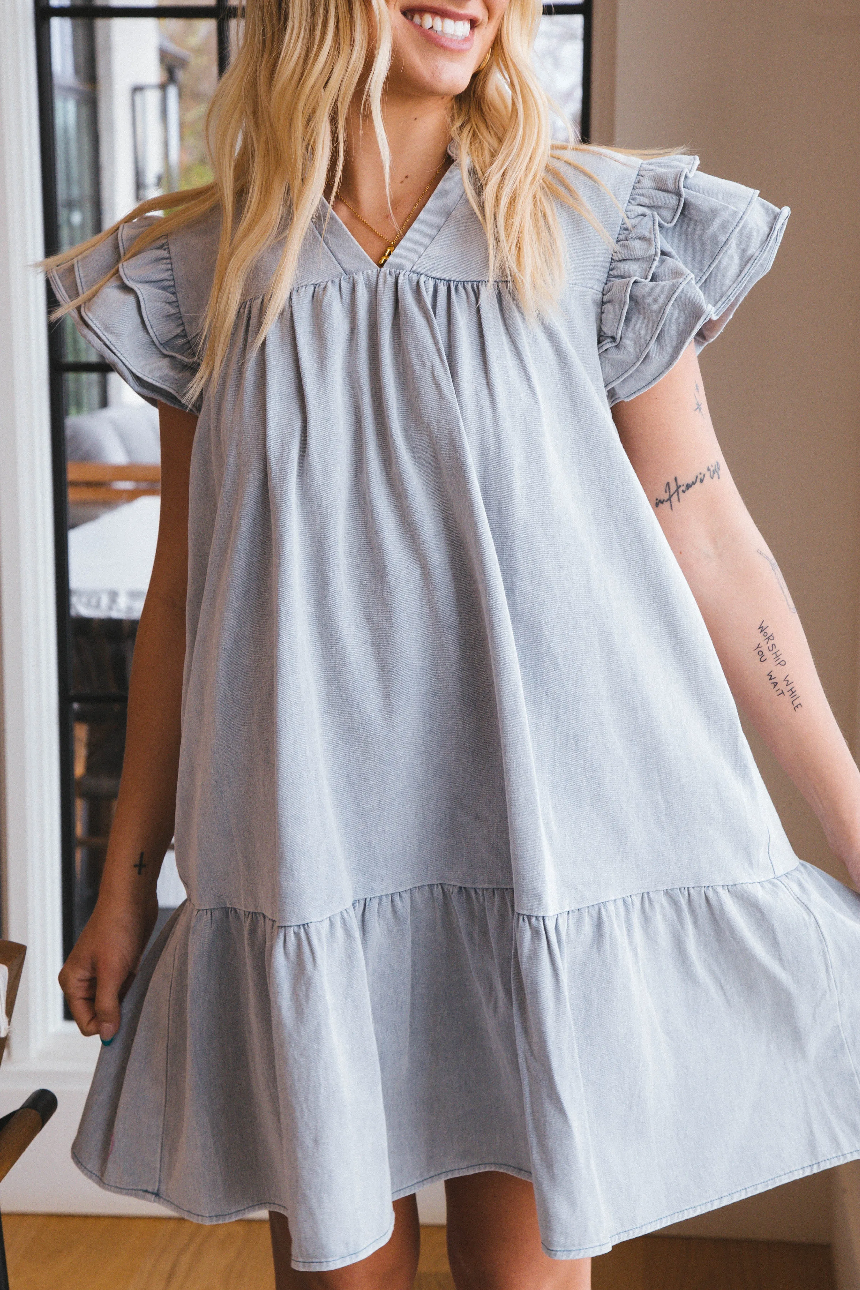 Margot Denim Ruffle Sleeve Dress, Blue