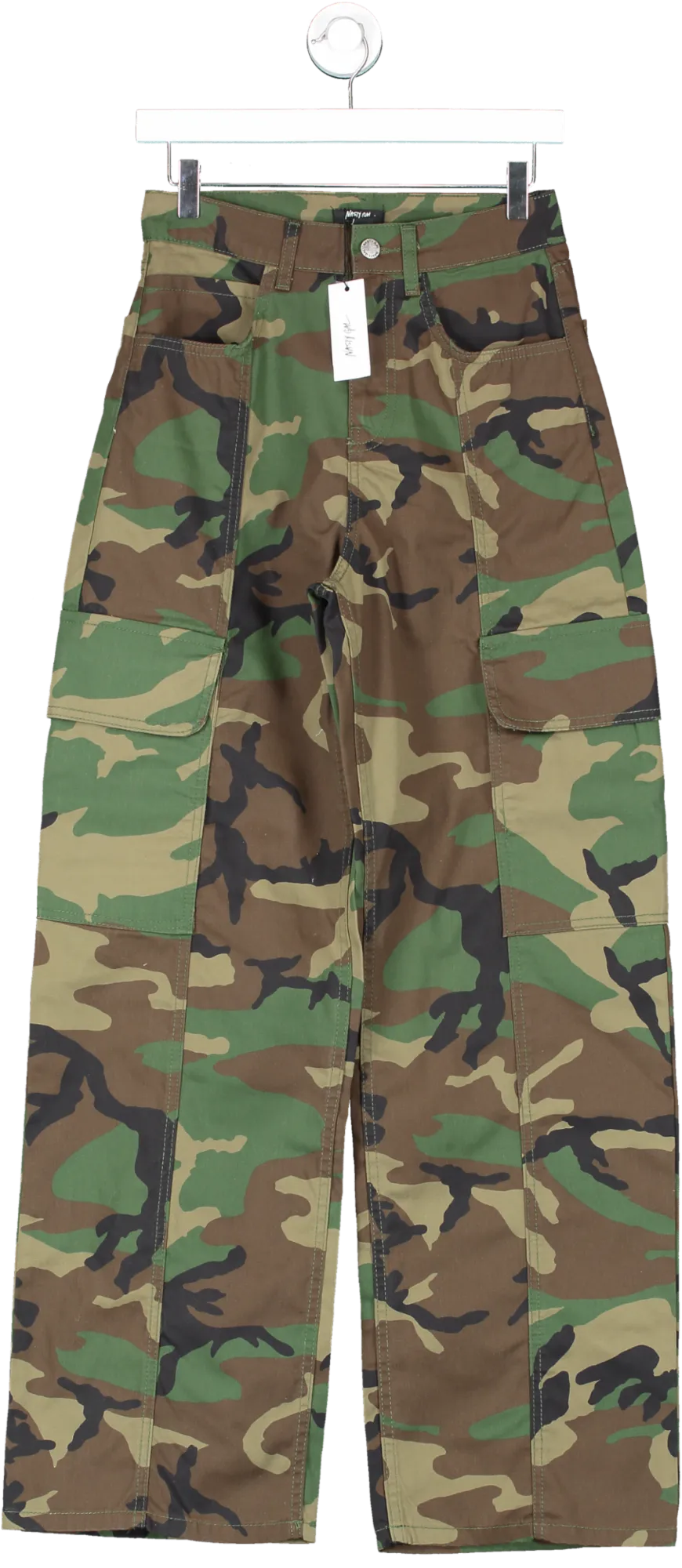 Nasty Gal Green Camo Print Multi Pocket Straight Leg Cargo Trousers UK 8