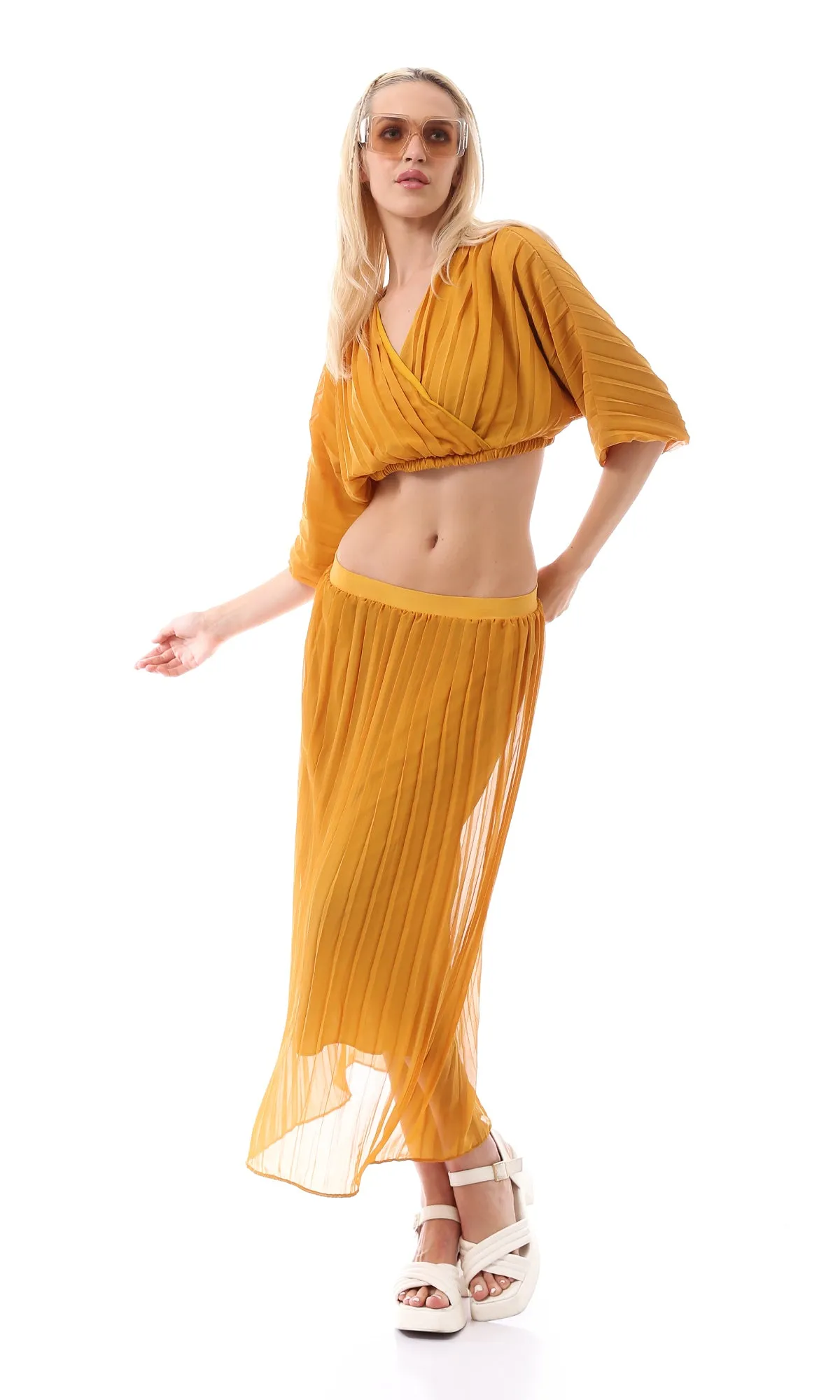 O166417 Mustard Slip On Summer Plisse Skirt