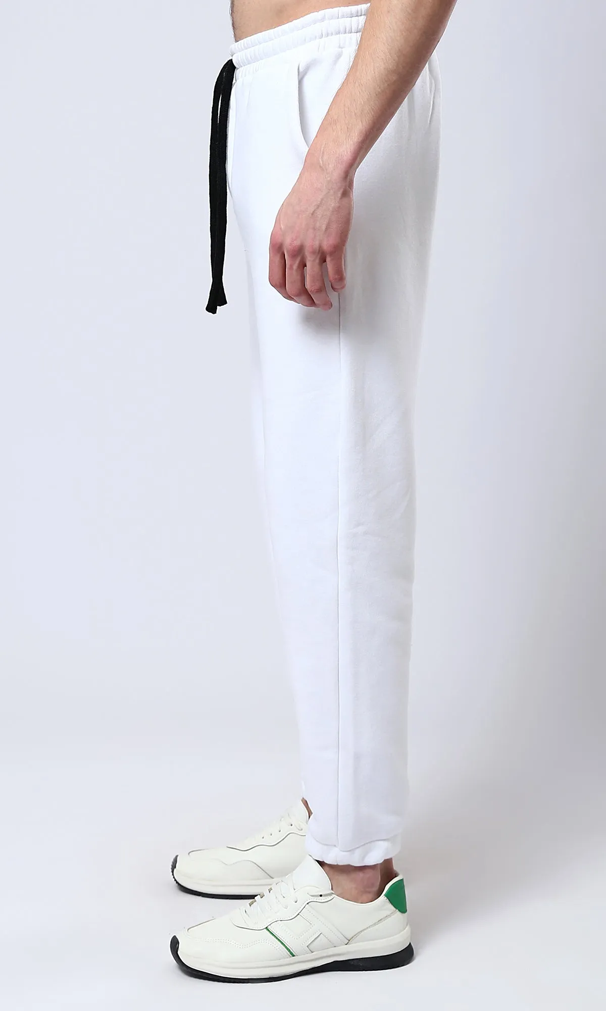 O178900 White Slip On Solid Jogger Pants With Hem