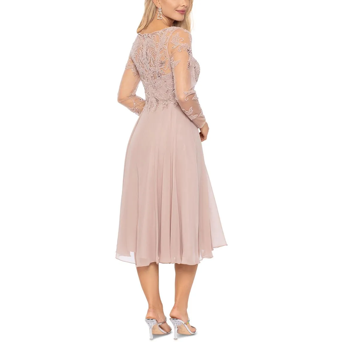 Petites Womens Mesh Chiffon Fit & Flare Dress