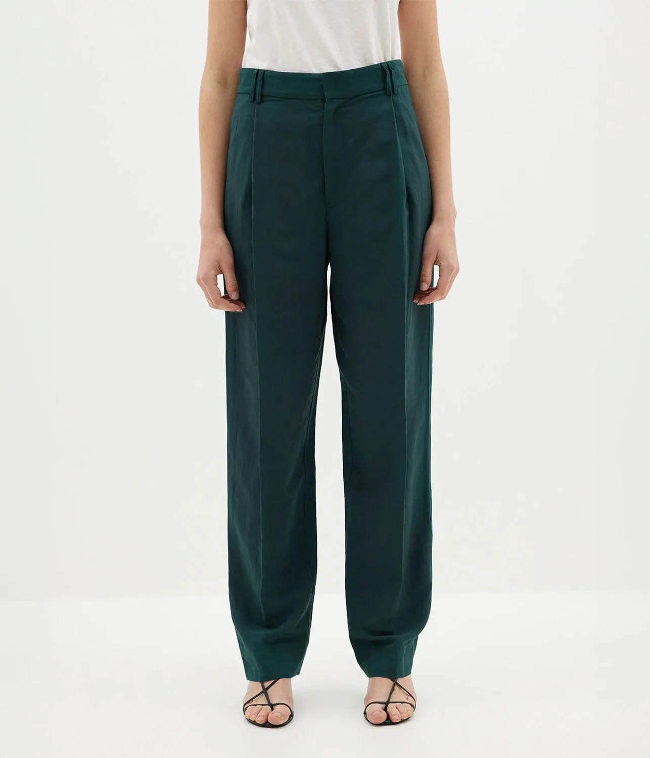 PLEAT FRONT LINEN PANT- MALACHITE