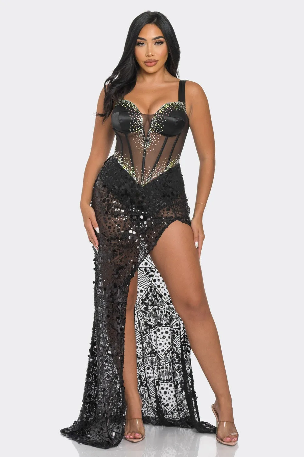 SATIN BUSTIER SEQUIN MAXI DRESS