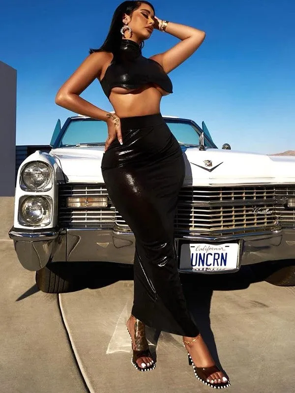 Sexy Turtleneck Sleeveless Crop Top Bodycon Maxi Skirt