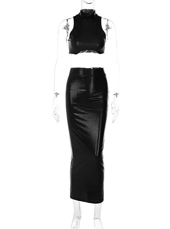 Sexy Turtleneck Sleeveless Crop Top Bodycon Maxi Skirt