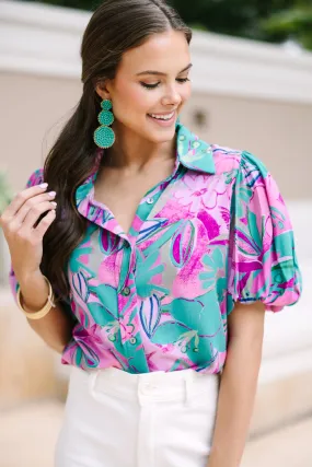 Take Your Chances Teal Green Floral Blouse