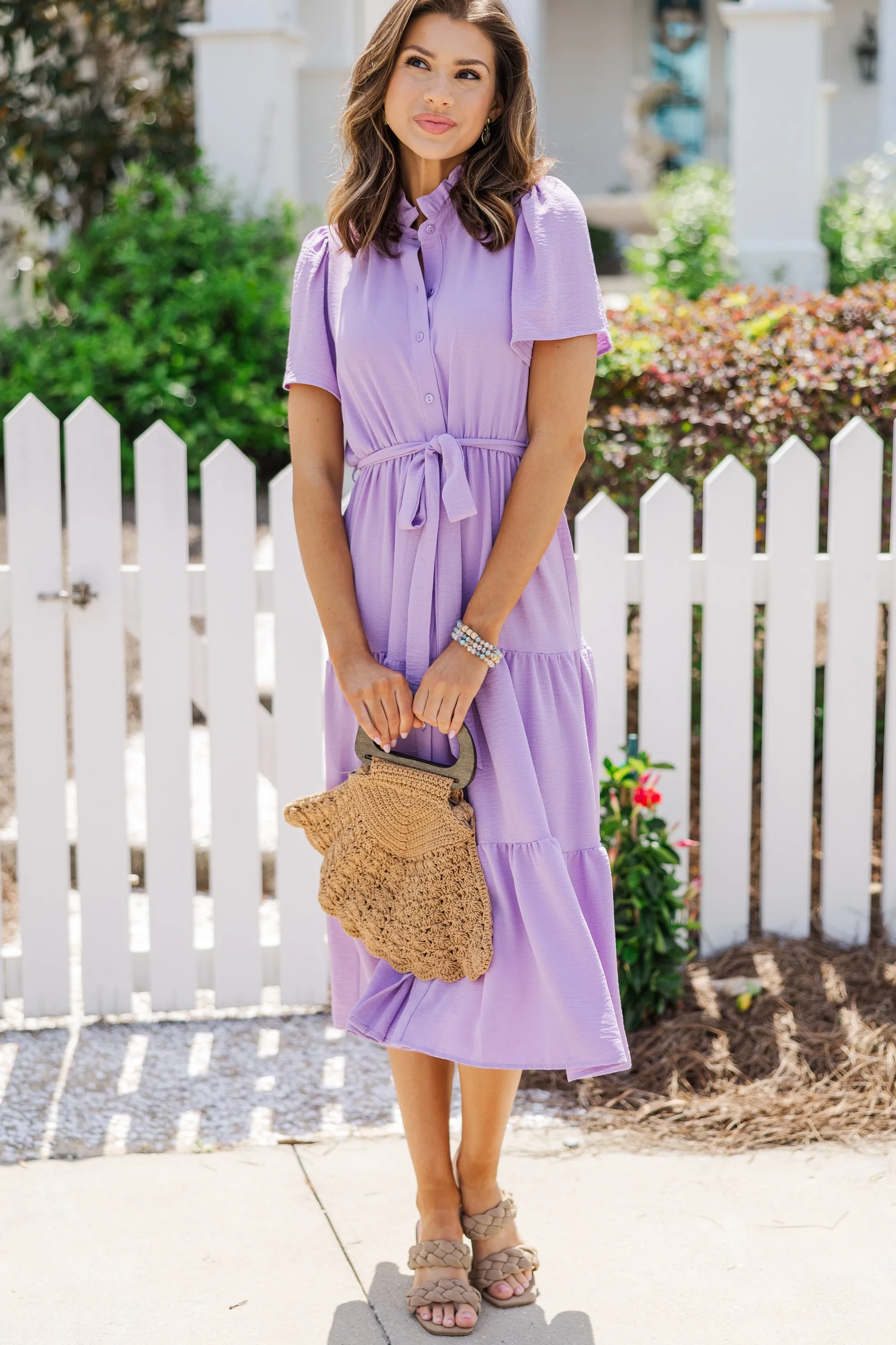 Tell It All Lavender Purple Button Down Midi Dress