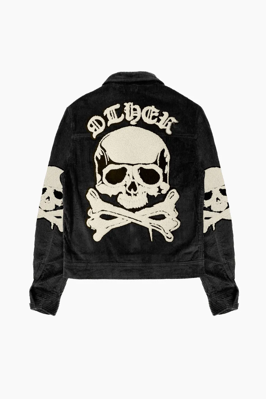 The Skull & Crossbones Patched Cord Trucker Jacket | Black