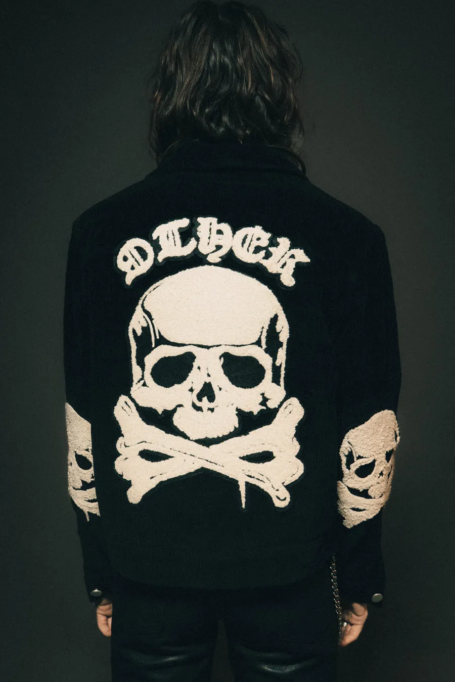 The Skull & Crossbones Patched Cord Trucker Jacket | Black