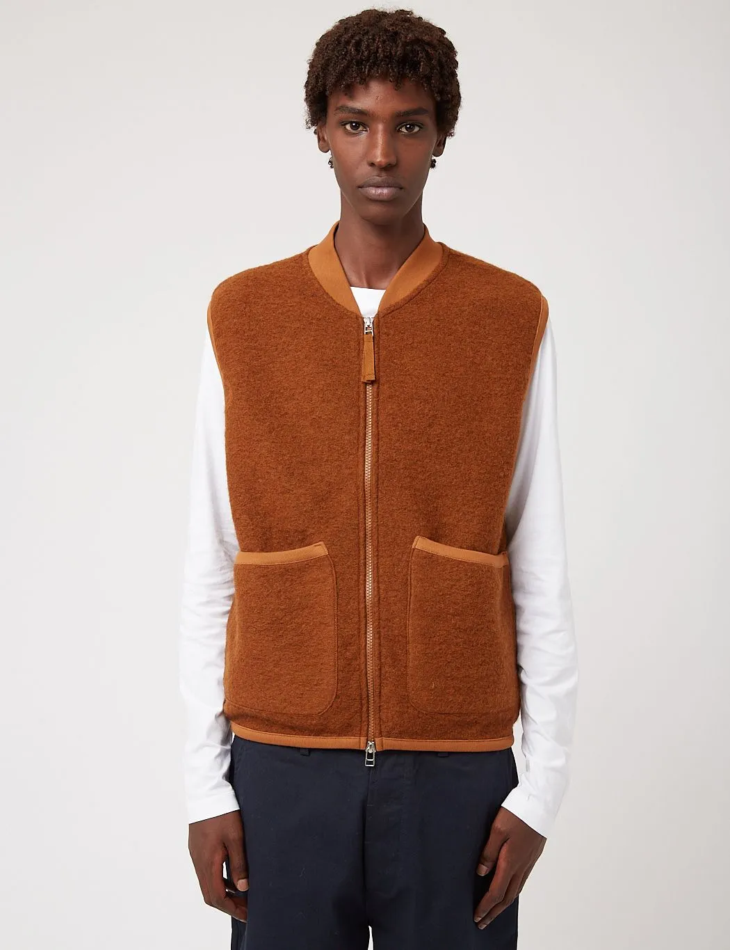 Universal Works Zip Waistcoat (Wool Fleece) - Rust Brown